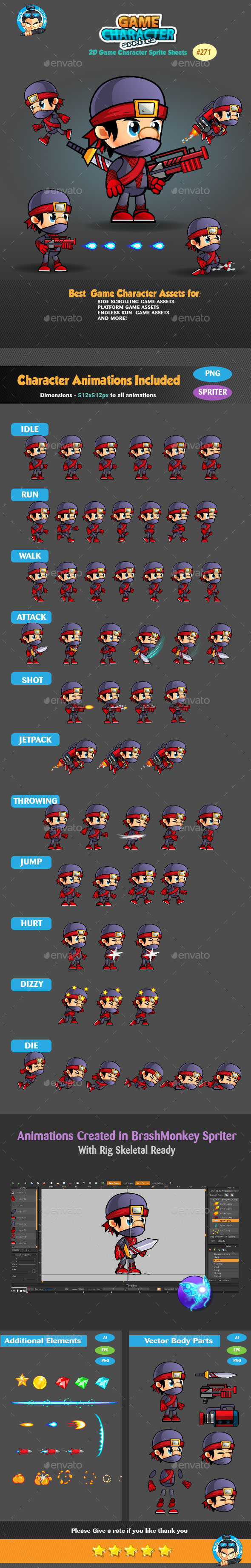 Ninja 2D Game Character Sprites 271 by pasilan | GraphicRiver