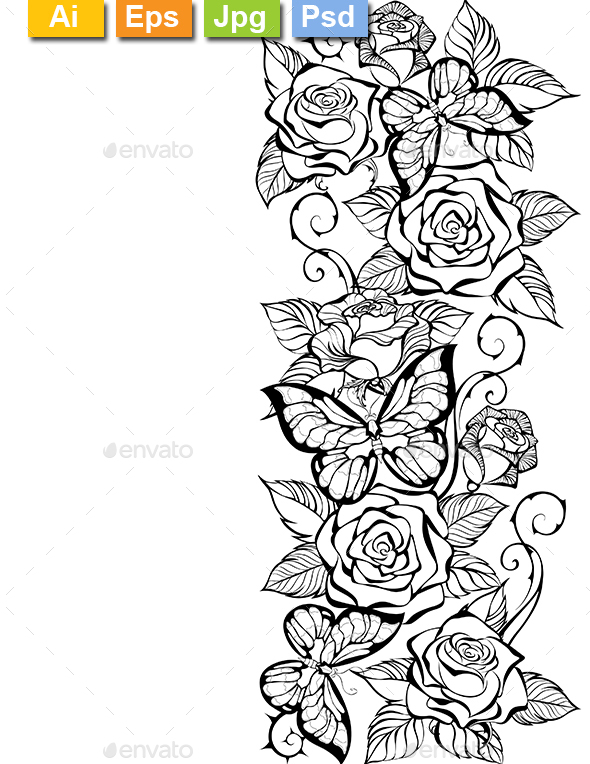Edge of Contour Roses and Butterflies - Borders Decorative