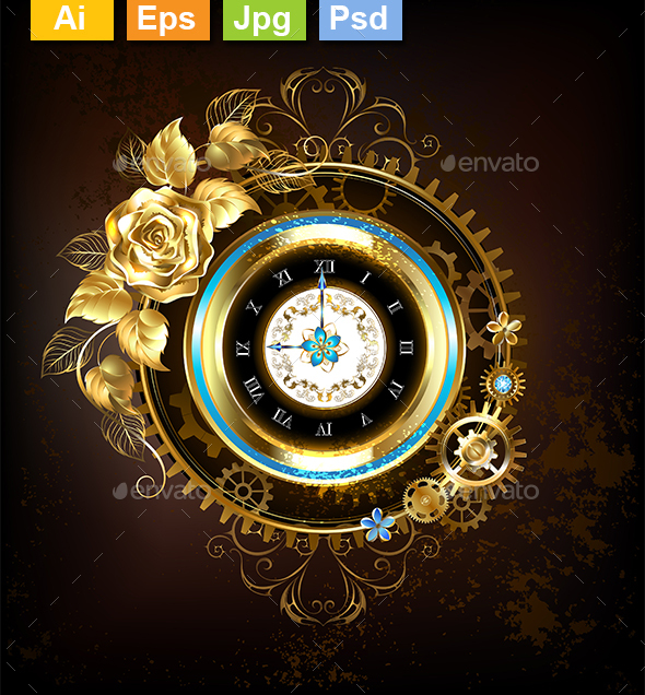 Gold Clock with Gold Rose - Decorative Symbols Decorative