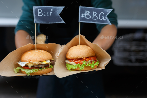 Street fast food, beef hamburgers with bbq grilled steak