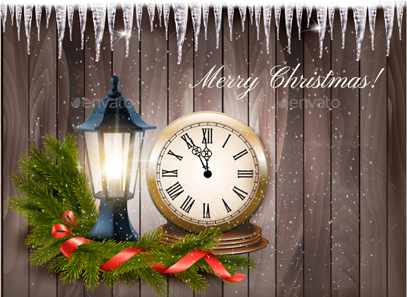 Christmas Background With A Lantern And Clock And Gift Ribbon Vector. - Christmas Seasons/Holidays