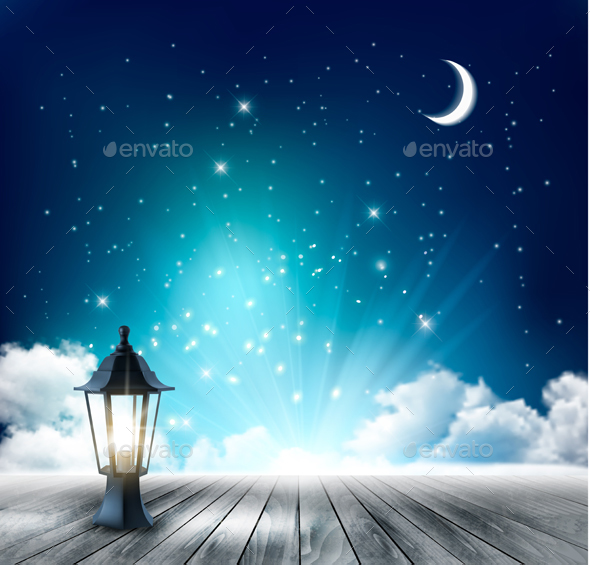 Beautiful magical Night Background With Moon And Lantern. Vector. - Nature Conceptual