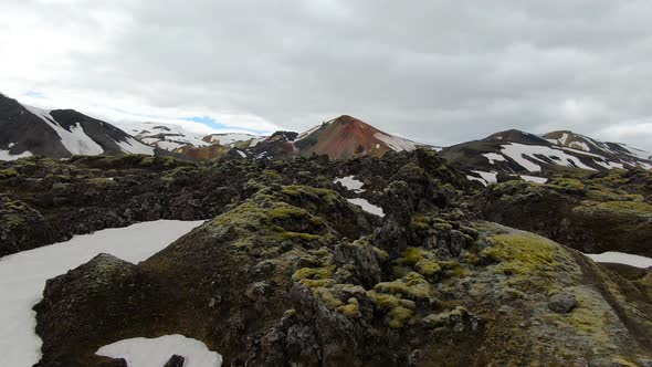 Flying over Laugahraun lava field in Landmannalaugar region of Iceland alt