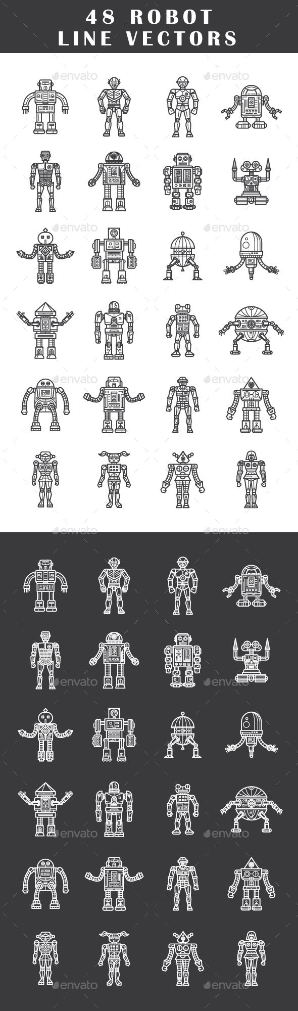 48 Robot Line Vectors - Decorative Symbols Decorative