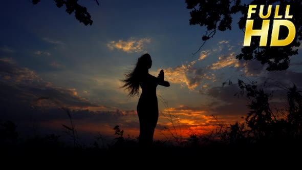 Silhouette Against Colorful Sunset of One Young