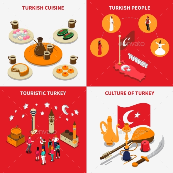 Touristic Turkey 4 Isometric Icons Square