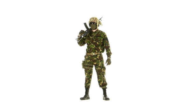 Man In Camouflage Looks Around. White Background alt