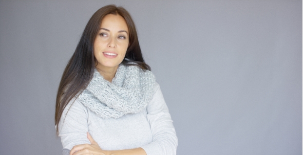Elegant Middle Aged Woman Posing With Woolen Warm Scarf alt