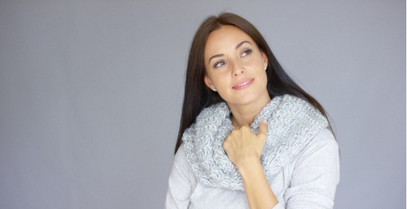 Elegant Middle Aged Woman Posing With Woolen Warm Scarf alt