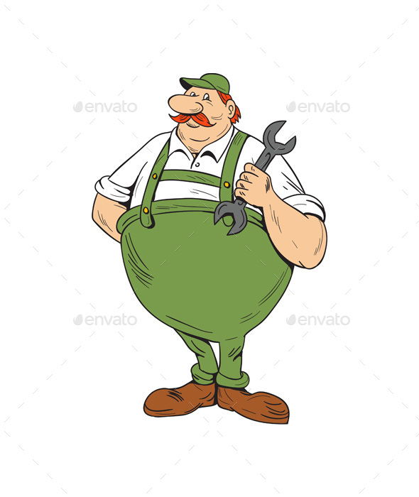 German Repairman Spanner Standing Cartoon - People Characters