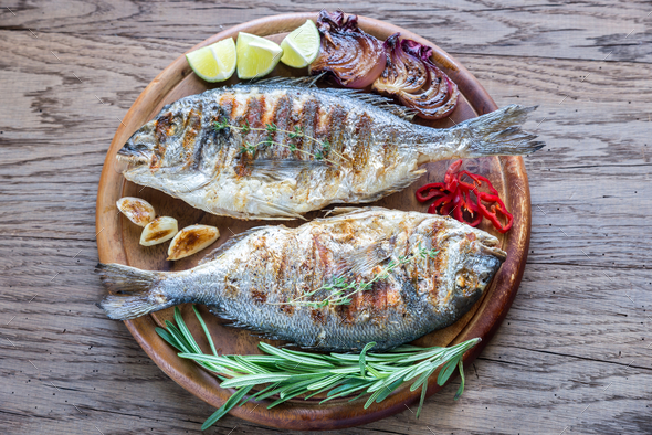 Grilled Dorade Royale Fish on the wooden board Stock Photo by Alex9500