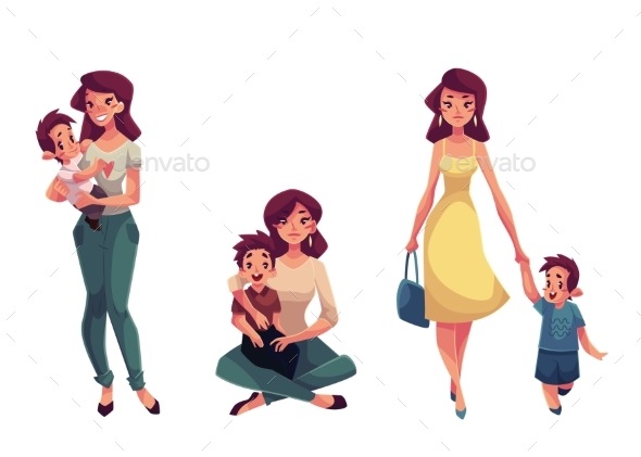 Happy Mother Holding, Hugging And Walking - People Characters
