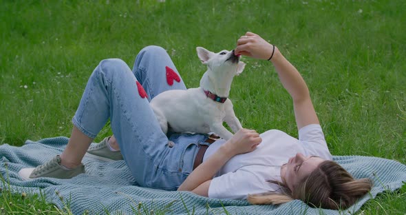 Woman Feeds Her Jack Russle Dog in the Park on the Summer Sun  120p Prores