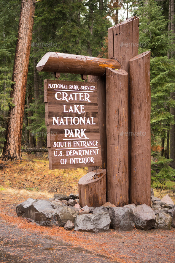 Crater Lake National Park Entrance Sign Oregon State Stock Photo by Christopher_Boswell