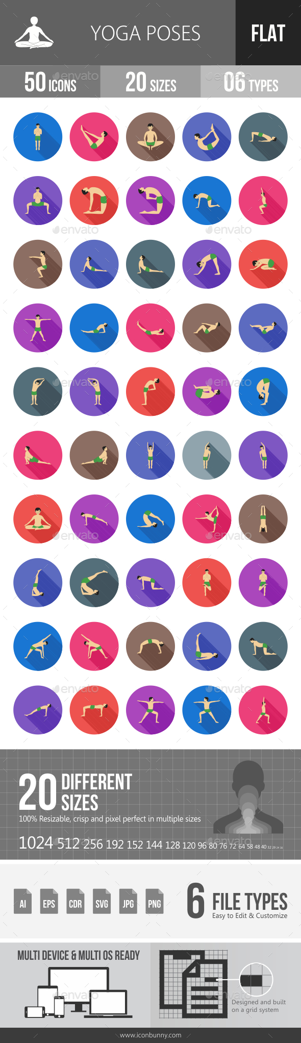 Yoga Poses Flat Shadowed Icons - Icons