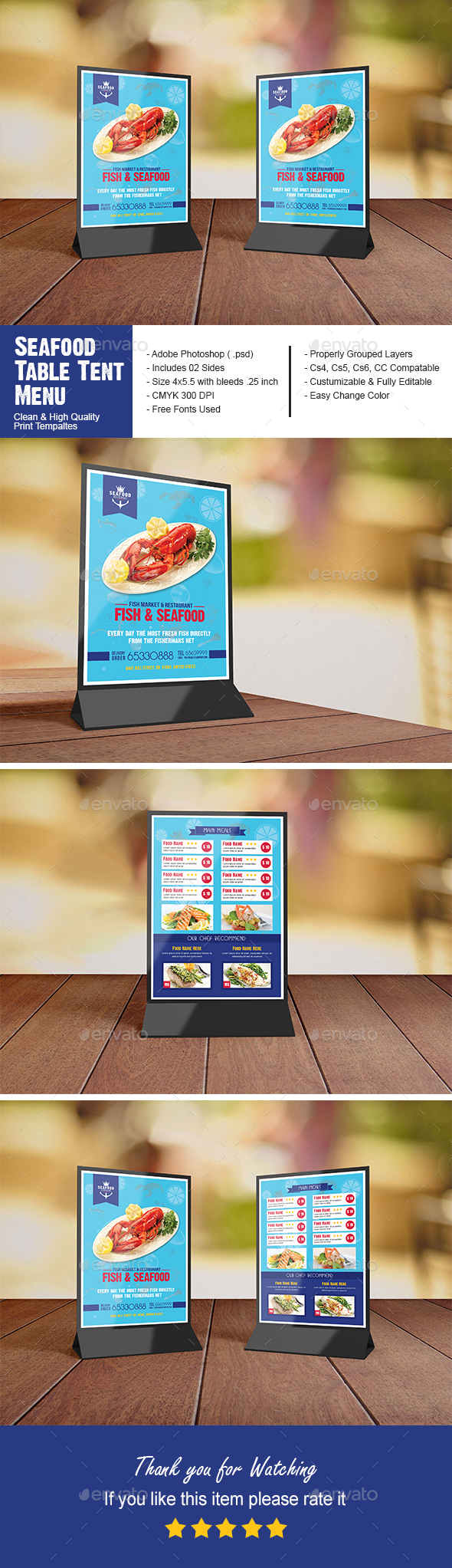 Seafood Restaurant Table Tent - Food Menus Print Templates