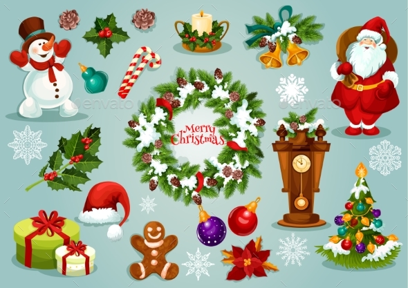 Christmas and New Year Holiday Cartoon Icon Set - Christmas Seasons/Holidays