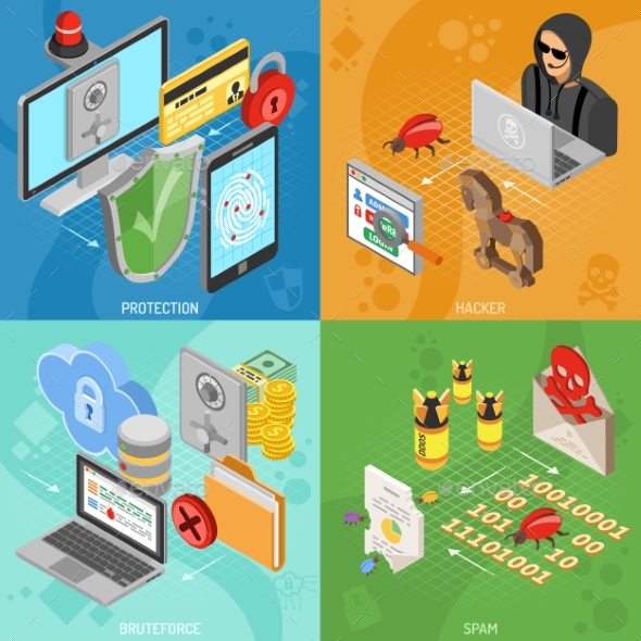 Internet Security Isometric Square Banners - Web Technology
