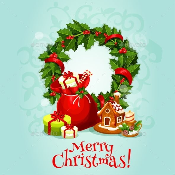 Christmas Card with Holly Berry Wreath and Gift - Christmas Seasons/Holidays