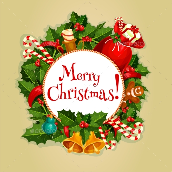 Merry Christmas Round Poster with Xmas Decoration - Christmas Seasons/Holidays