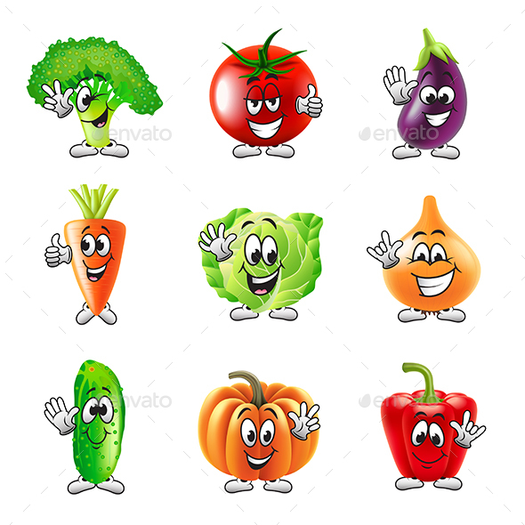Funny Cartoon Vegetables Icons Vector Set - Food Objects