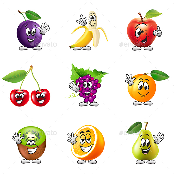 Funny Cartoon Fruits Icons Vector Set - Food Objects