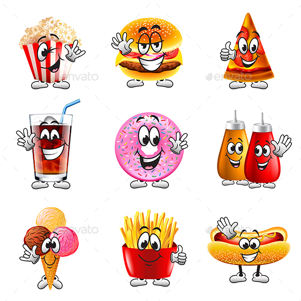 Funny Cartoon Fastfood Icons Vector Set - Food Objects