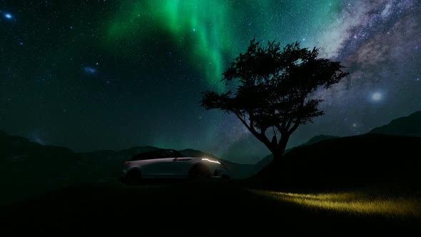 SUV Parked in the Forest and Milky way Sky