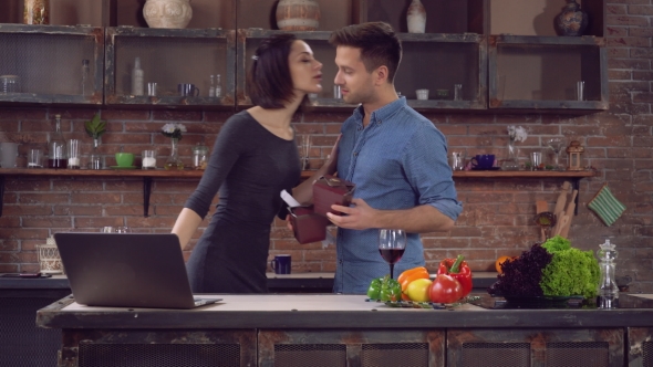 Guy Comes With Delivery Food And Expends Chinese Chopsticks Lady alt