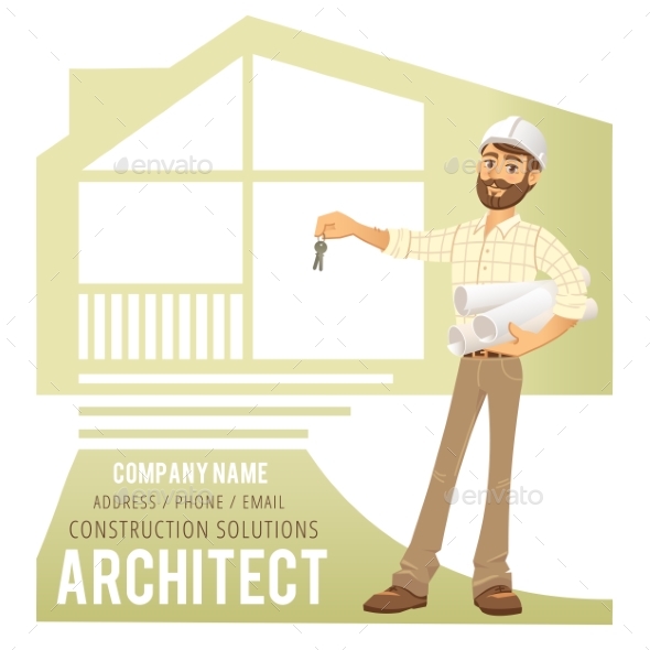Architect In Helmet With Blueprints And Keys - People Characters