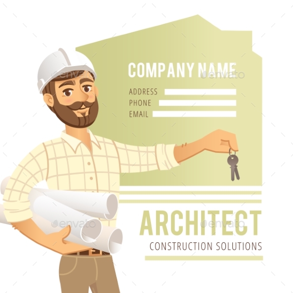 Architect In Helmet With Blueprints And Keys - People Characters