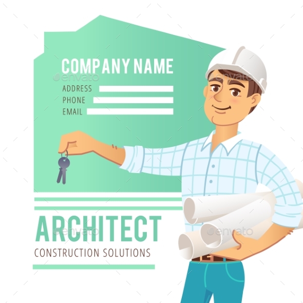 Architect In Helmet With Blueprints And Keys - People Characters