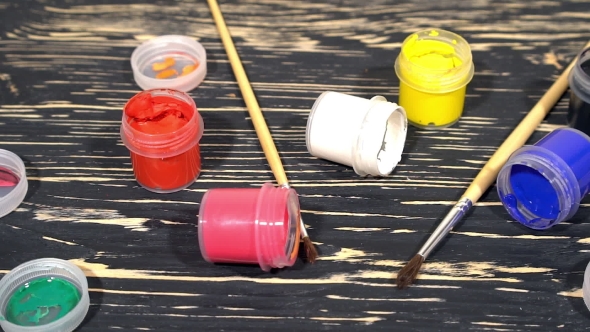 Lot Of Varicolored Paint Gouache Jars With Brushes