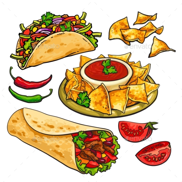 Set Of Traditional Mexican Food - Burrito, Taco - Food Objects