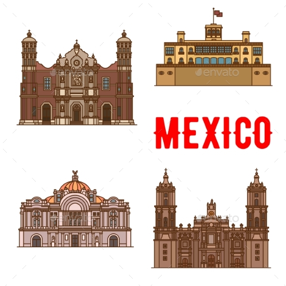 Tourist Landmarks And Sightseeings Of Mexico - Travel Conceptual