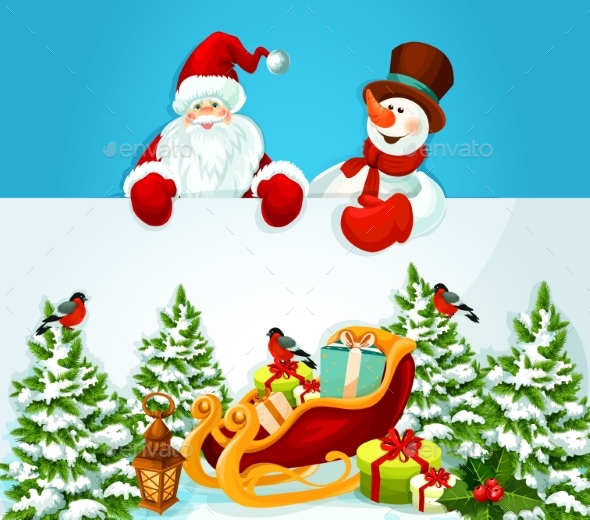 Christmas Card With Santa Claus, Snowman And Gift - Christmas Seasons/Holidays