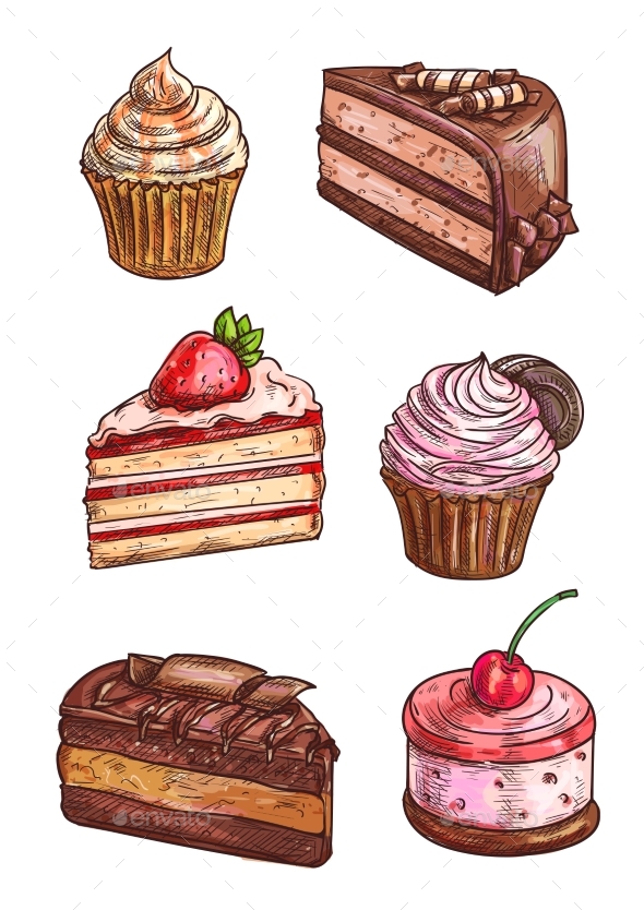 Patisserie Sweet Desserts Scketch Icons - Food Objects