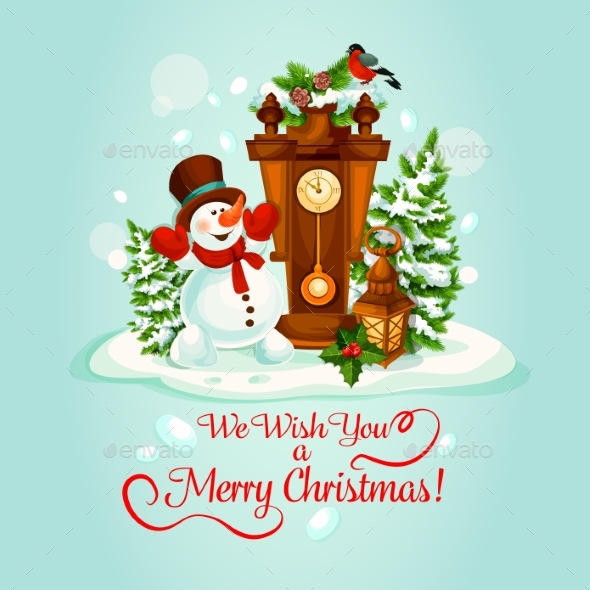 Christmas Holiday Poster With Snowman And Clock - Christmas Seasons/Holidays