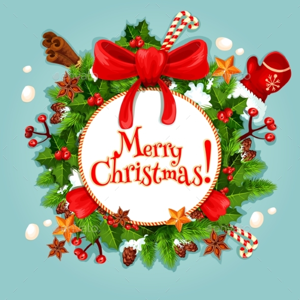 Christmas Wreath With Bow Festive Poster - Christmas Seasons/Holidays