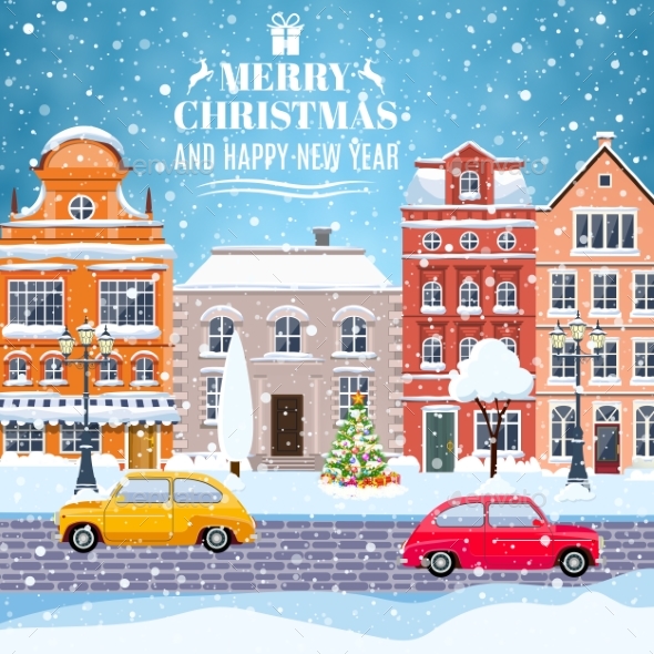 Winter City Street With Trees And Car - Christmas Seasons/Holidays