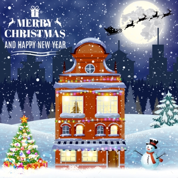 Cartoon Retro Merry Christmas Night Illustration - Christmas Seasons/Holidays