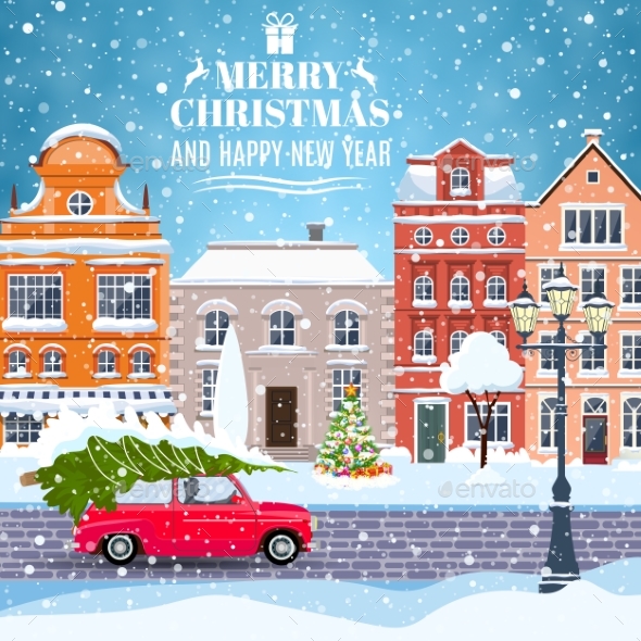 Winter City Street With Trees And Car - Christmas Seasons/Holidays