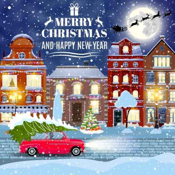 Winter City Street With Trees And Car - Christmas Seasons/Holidays