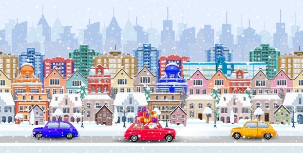 Panorama. Seamless Border With a Winter Cityscape - Christmas Seasons/Holidays