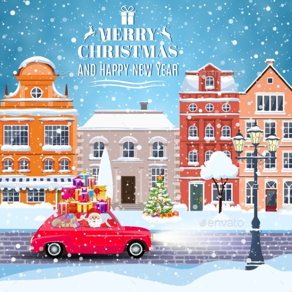 Winter City Street With Trees And Car - Christmas Seasons/Holidays