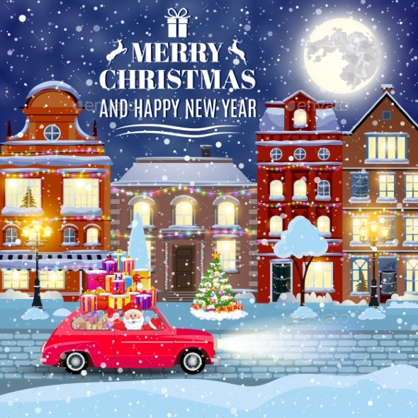 Winter City Street With Trees And Car - Christmas Seasons/Holidays