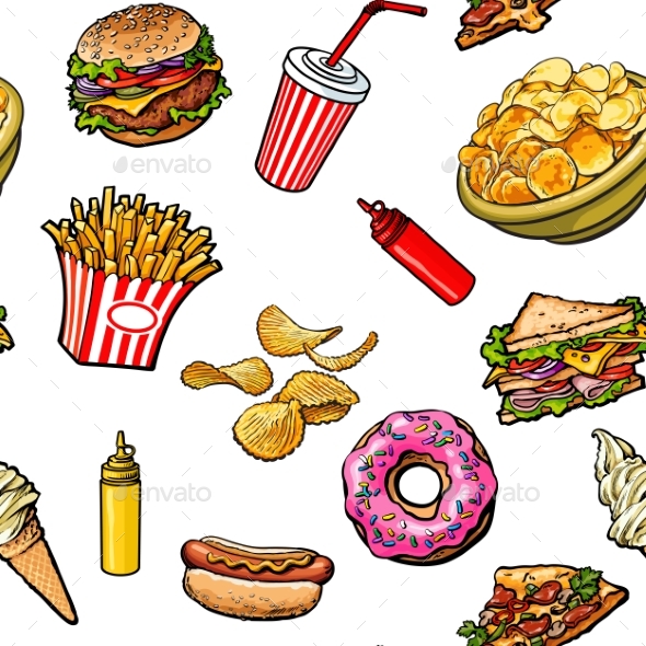 Sketch Hand Drawn Fast Food Seamless Pattern - Patterns Decorative