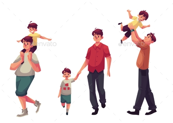Dad With His Little Son, Playing And Walking - People Characters