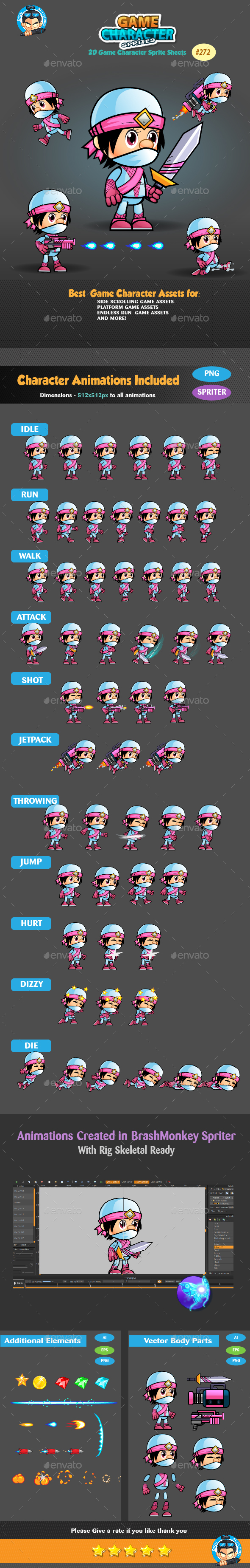 White Girl Ninja 2D Game Character Sprites 272 by pasilan | GraphicRiver