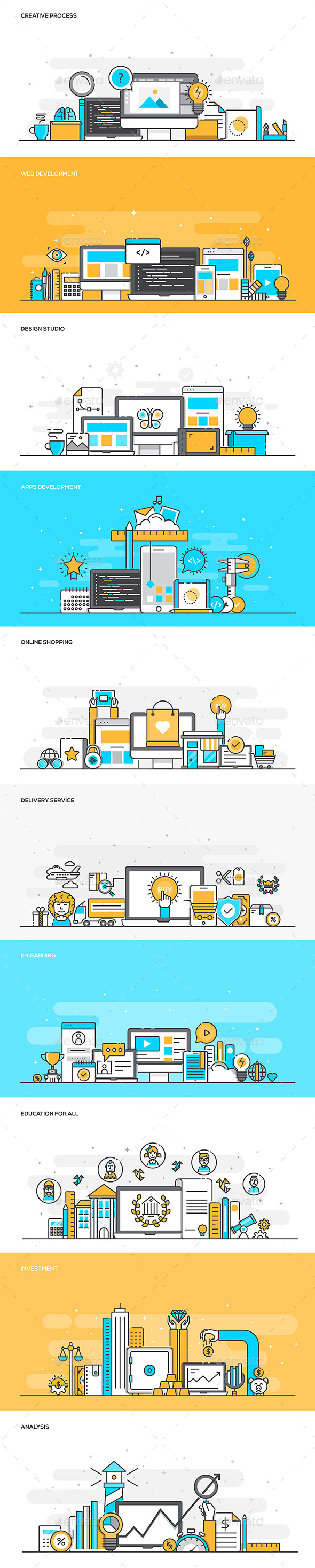 Set of Flat Line Color Banners - Vectors